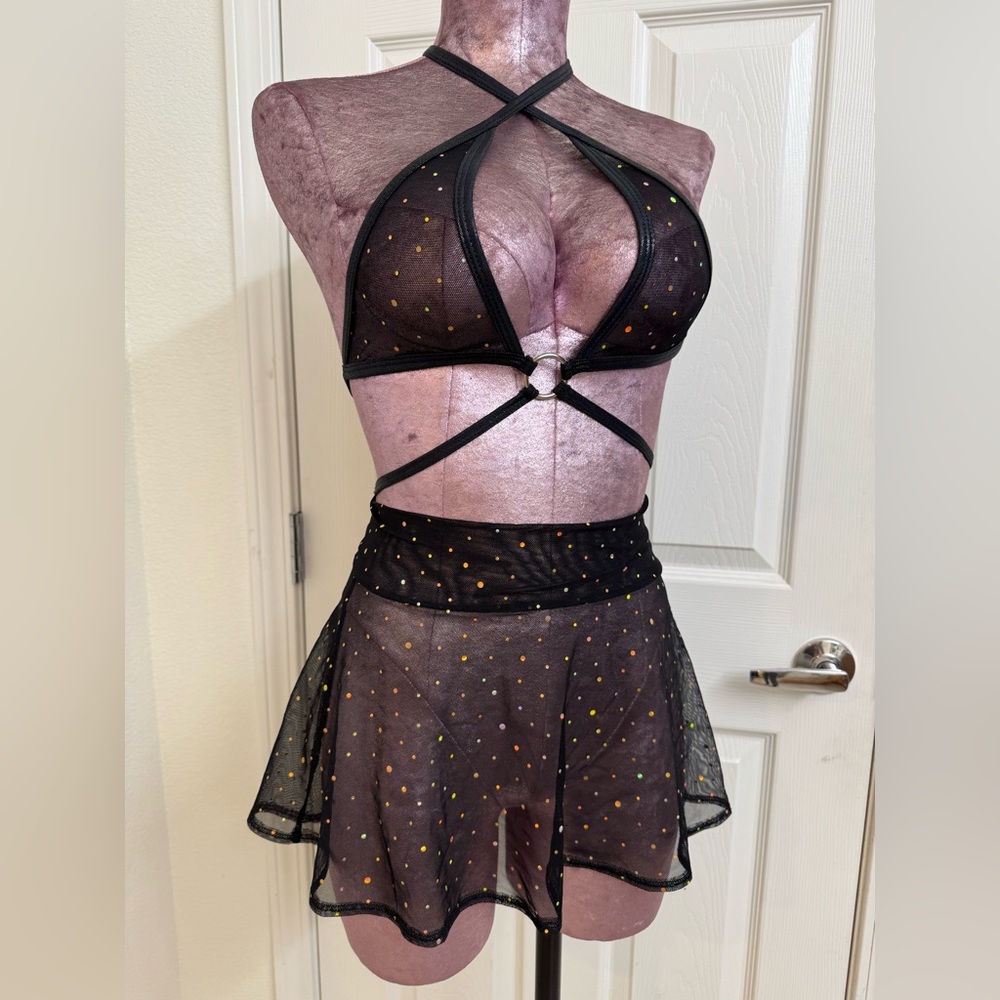 Jay Valentine sheer skirt with strappy triangle top, golds sequins.